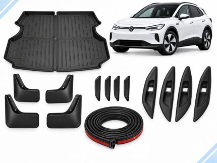 VW ID.4: Complete Protection Pack showing boot liner, four mud flaps, door-edge guards, four interior door-handle covers and seal strips.