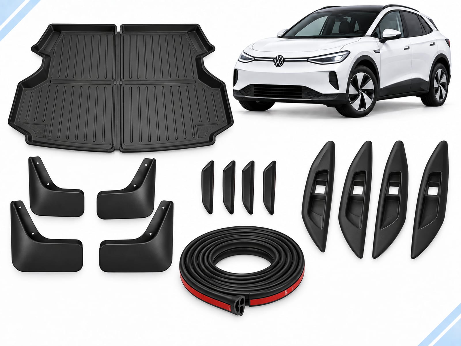 VW ID.4: Complete Protection Pack VW ID.4: Complete Protection Pack showing boot liner, four mud flaps, door-edge guards, four interior door-handle covers and seal strips.