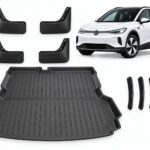 VW ID.4: Essential Protection Pack showing boot liner, four mud flaps and four door-edge guards.