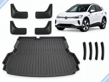 VW ID.4: Essential Protection Pack showing boot liner, four mud flaps and four door-edge guards.