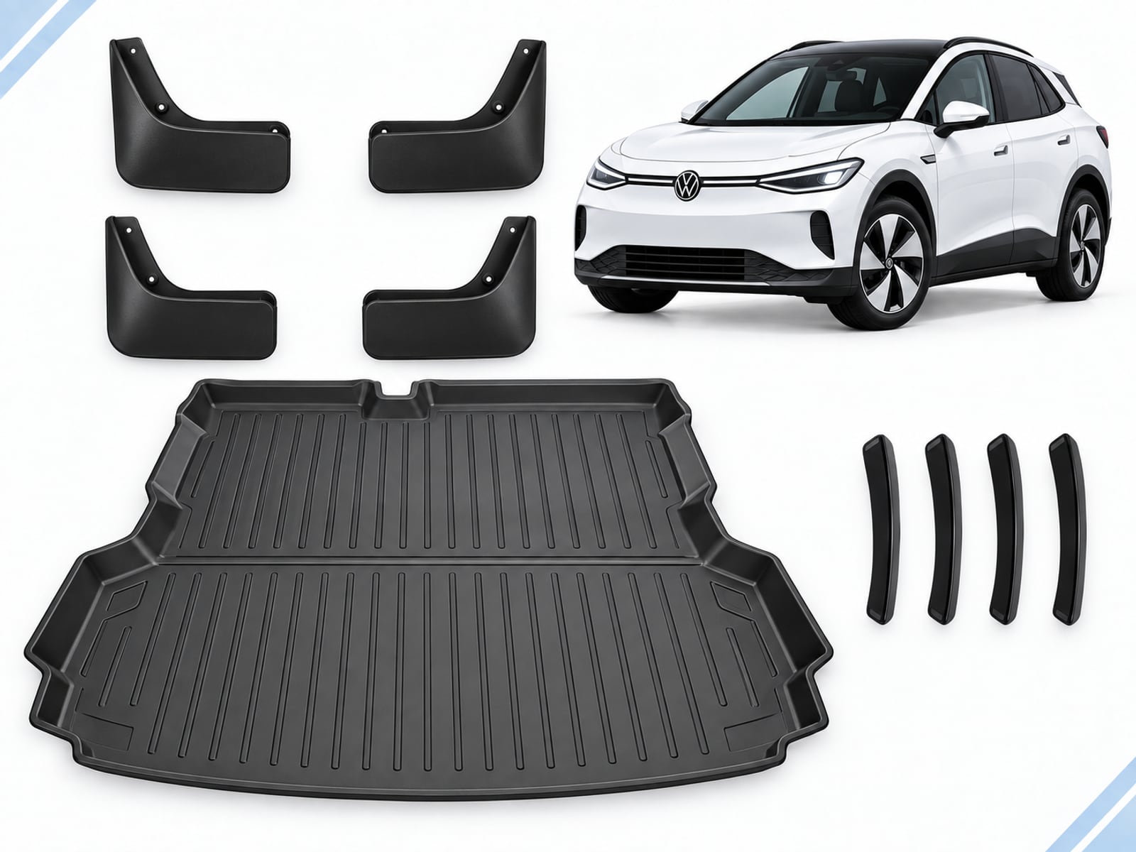 VW ID.4: Essential Protection Pack VW ID.4: Essential Protection Pack showing boot liner, four mud flaps and four door-edge guards.