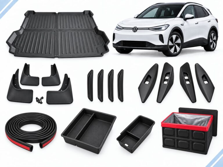 VW ID.4: New Owner Ultimate Pack showing boot liner, mud flaps, door-edge guards, door-handle covers, seal strips, console organizers and folding storage box.