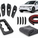 VW ID.5: Complete Protection Pack showing four door-handle covers, center console cover, door-edge guards, seal strips and drying towel.