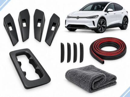 VW ID.5: Complete Protection Pack showing four door-handle covers, center console cover, door-edge guards, seal strips and drying towel.