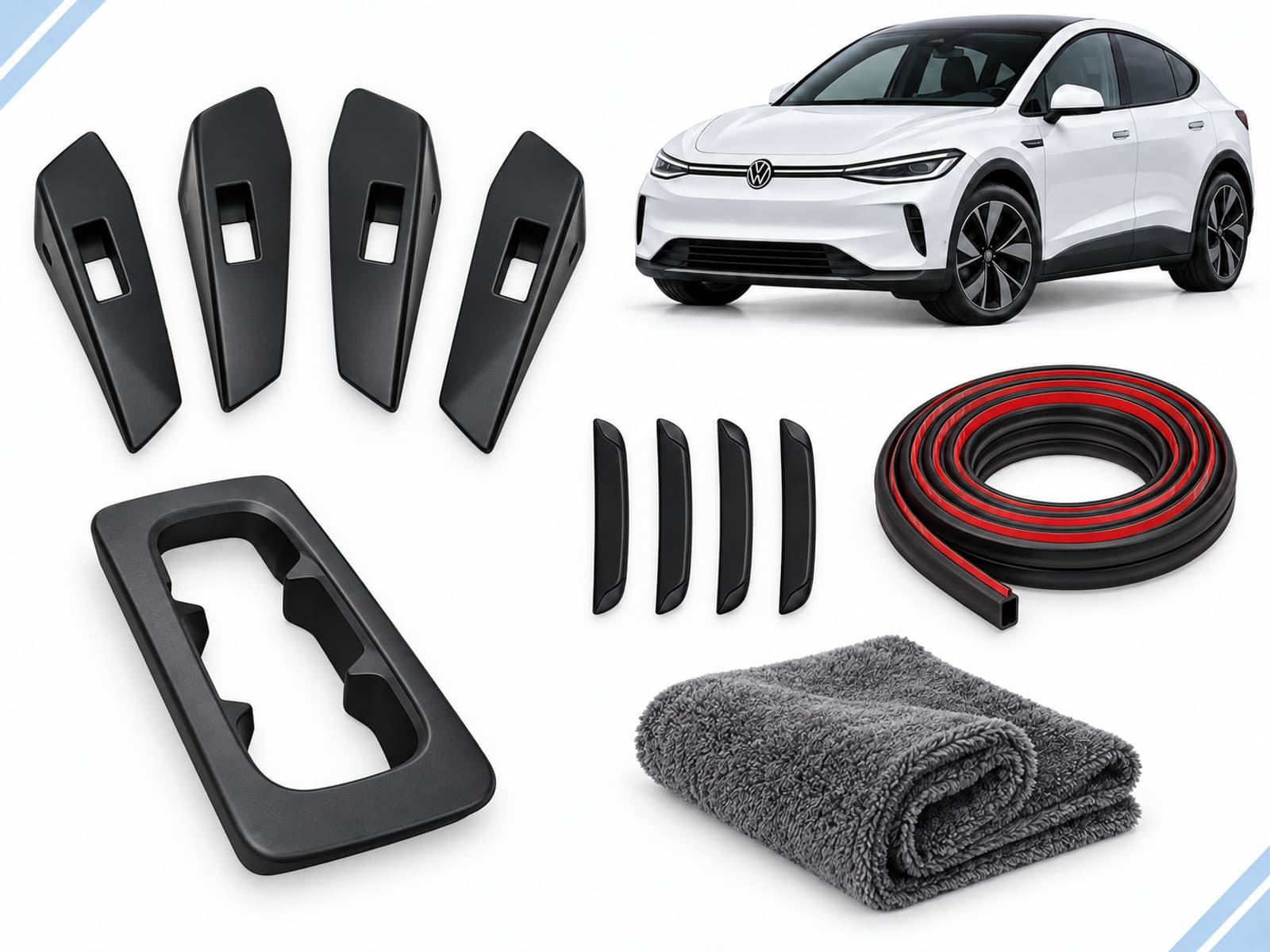 VW ID.5: Complete Protection Pack VW ID.5: Complete Protection Pack showing four door-handle covers, center console cover, door-edge guards, seal strips and drying towel.