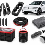 VW ID.5: New Owner Ultimate Pack showing door-handle and console covers, door-edge guards, seal strips, towel, folding storage box, trash can and wheel brushes.