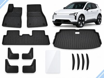 Volvo EX30: Complete Protection Pack showing floor and boot mats, four mud flaps, screen protector and four door-edge guards.