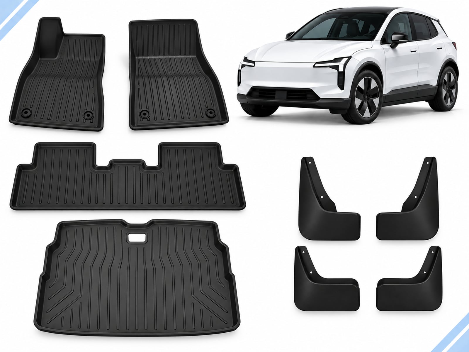 Volvo EX30: Essential Protection Pack Volvo EX30: Essential Protection Pack showing floor and boot mats with four mud flaps.