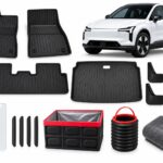 Volvo EX30: New Owner Ultimate Pack showing floor and boot mats, mud flaps, screen and door-edge protection, folding storage box, trash can and towel.